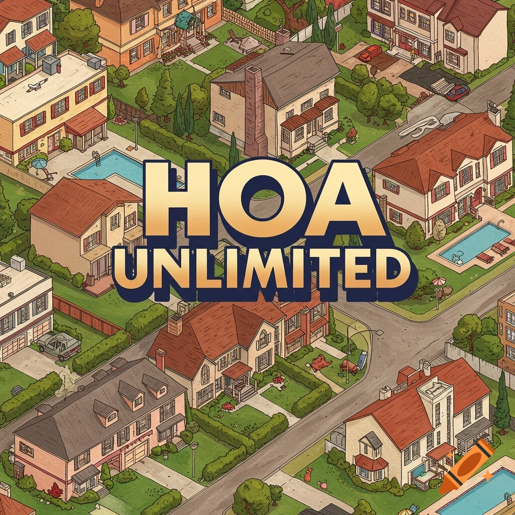 Isometric cartoon illustration of a suburban neighborhood with the text 'HOA UNLIMITED'.