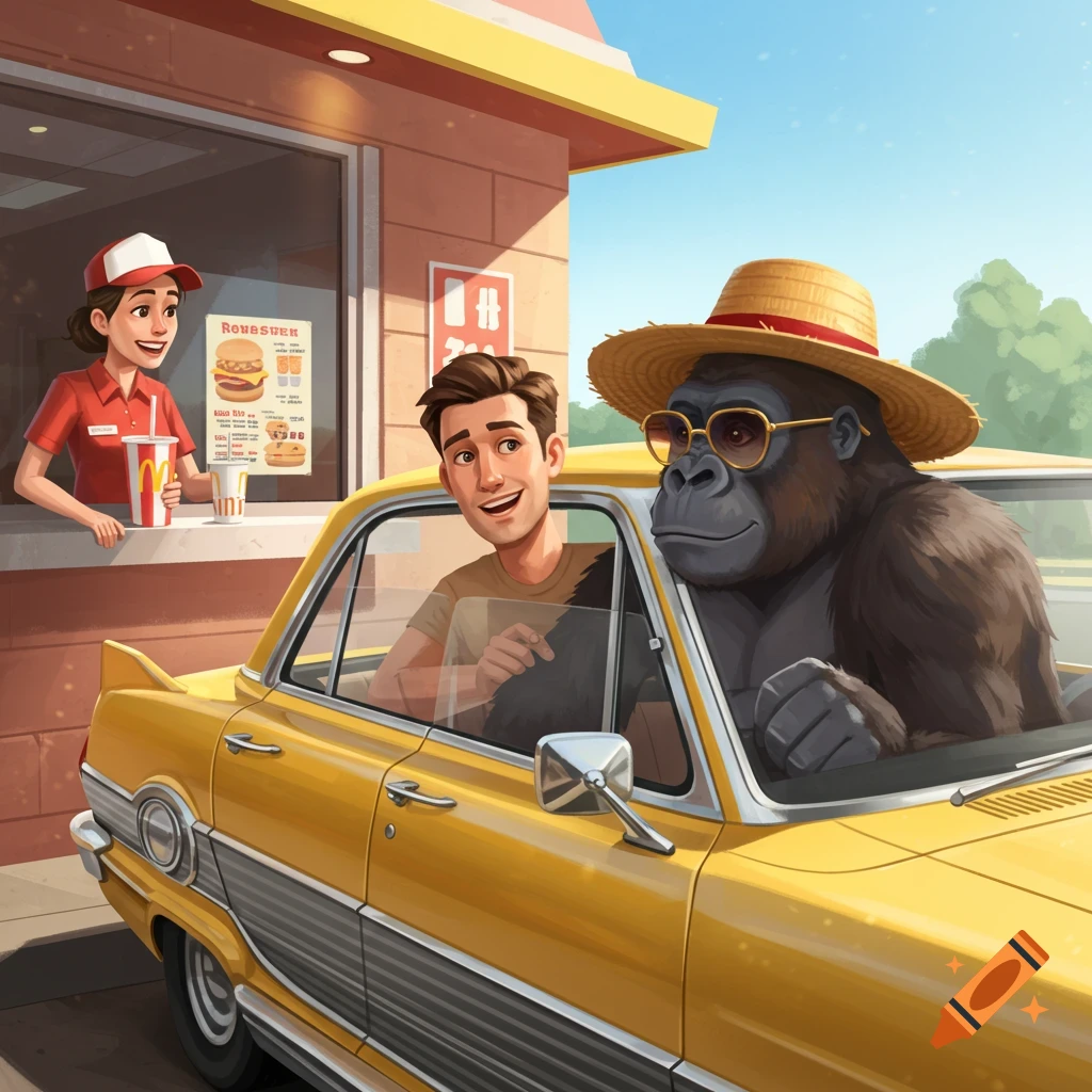 A man and a gorilla in a yellow car ordering at a drive-thru.