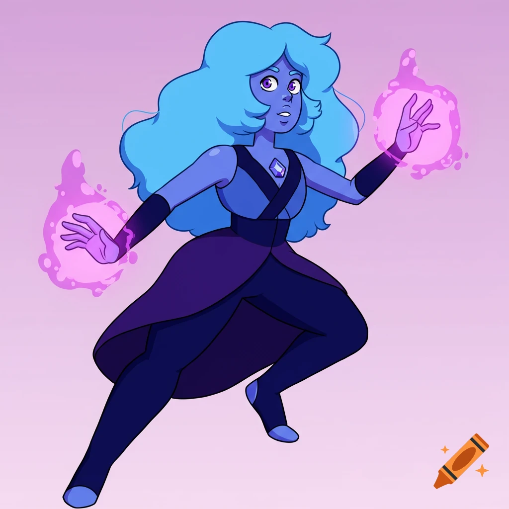 A cartoon character with blue skin, blue hair, and purple eyes conjuring pink energy from their hands.
