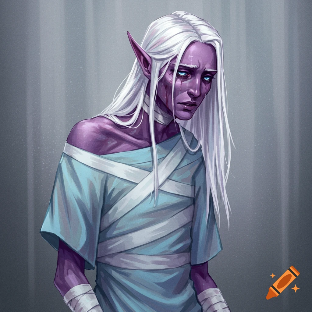 Portrait of a purple-skinned elf with long white hair, wrapped in white bandages and a blue gown.