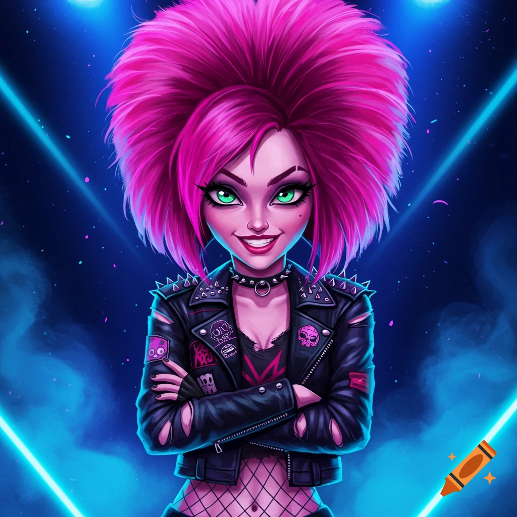 Cartoon character with pink hair, green eyes, and punk jacket crosses arms