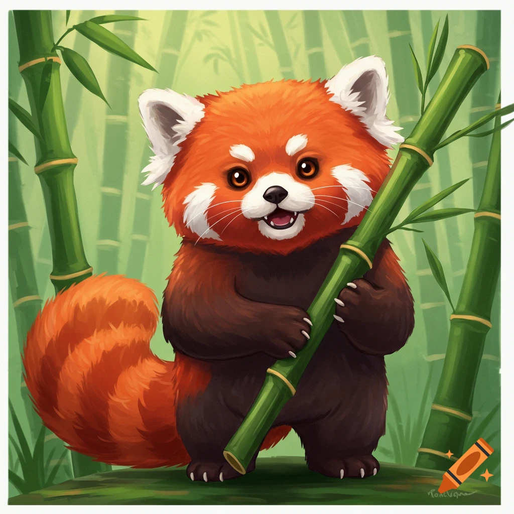 A cute cartoon red panda holding a large bamboo stalk in a bamboo forest.