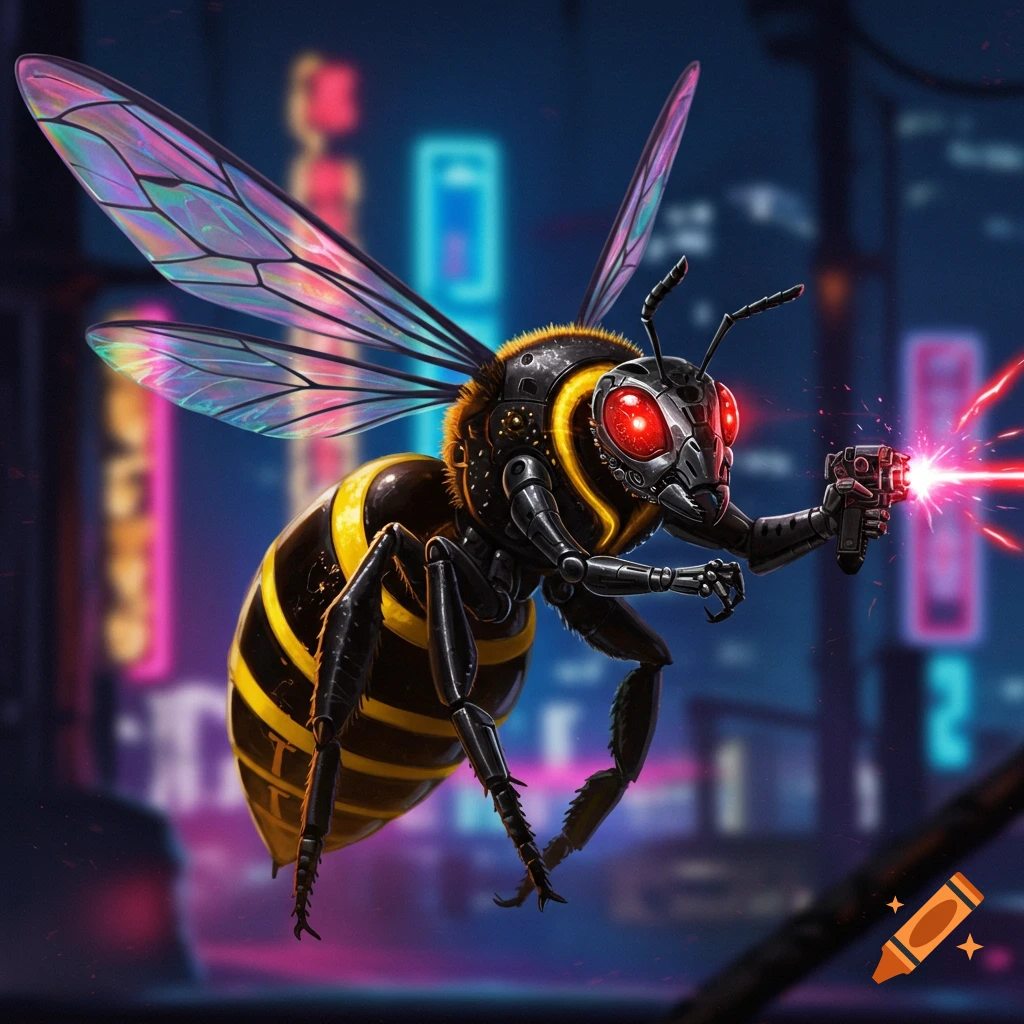 A cyberpunk cyborg bee holds a laser gun and shoots a beam in a futuristic city.