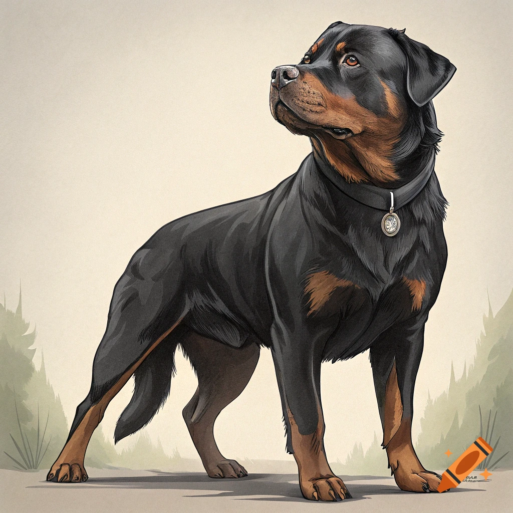 An illustration of a black and brown Rottweiler dog standing outdoors, looking up.
