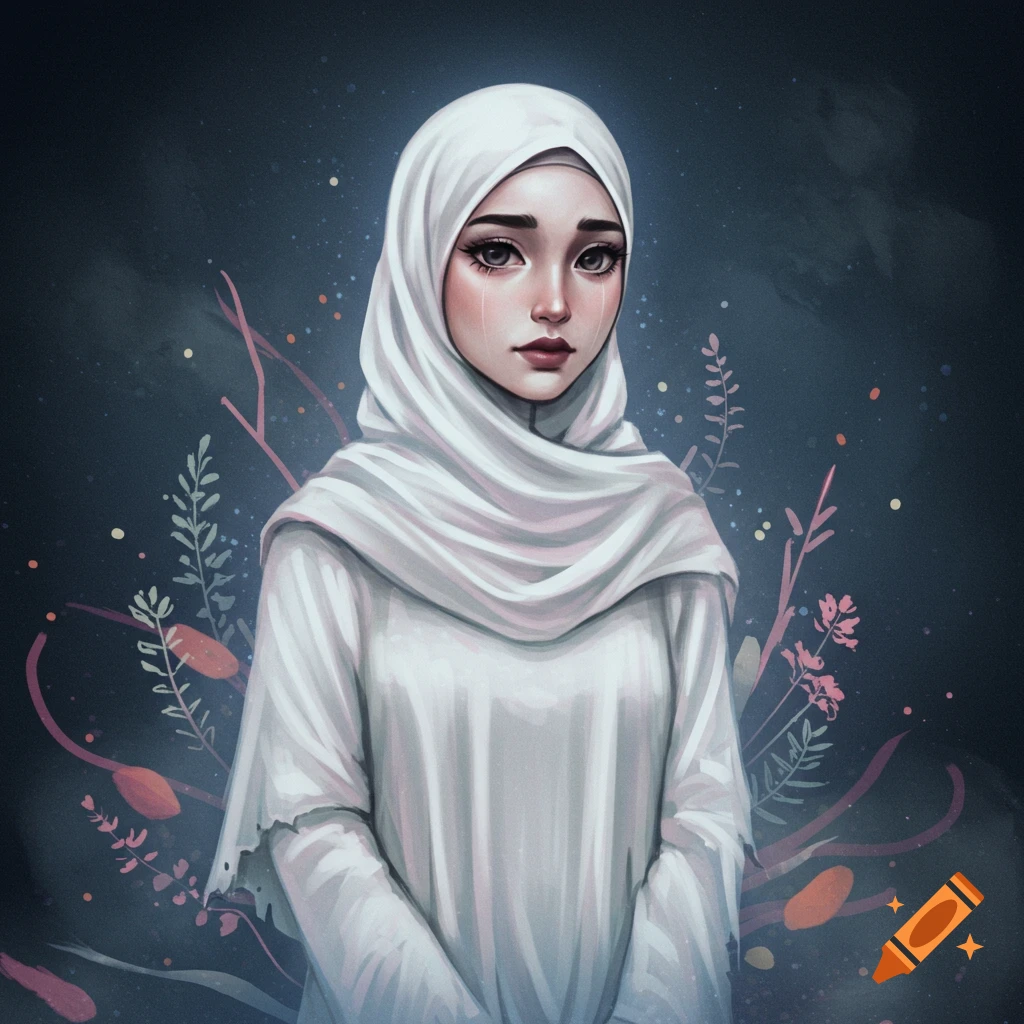 Illustration of a young woman in a white hijab crying, with decorative plants and sparkles in the background.