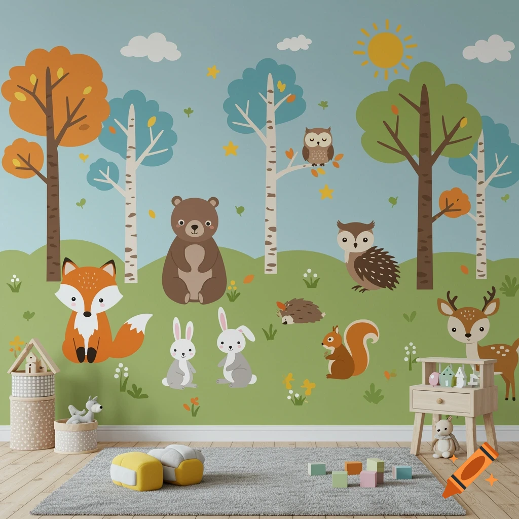 Cartoon woodland animals wall mural featuring a fox, bear, owls, rabbits, squirrel, deer, and hedgehog in a forest scene.