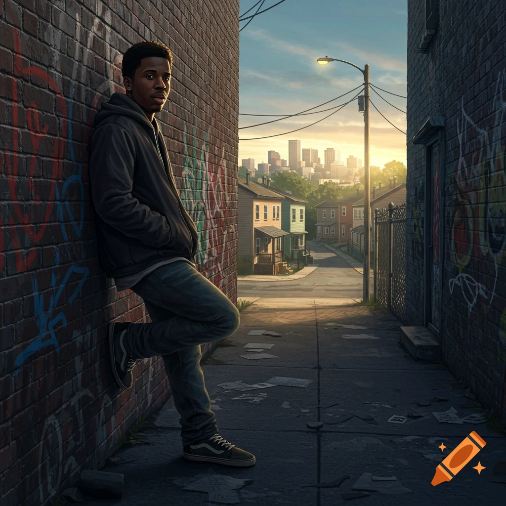 A young Black man leans against a brick wall covered in graffiti in an urban alley.