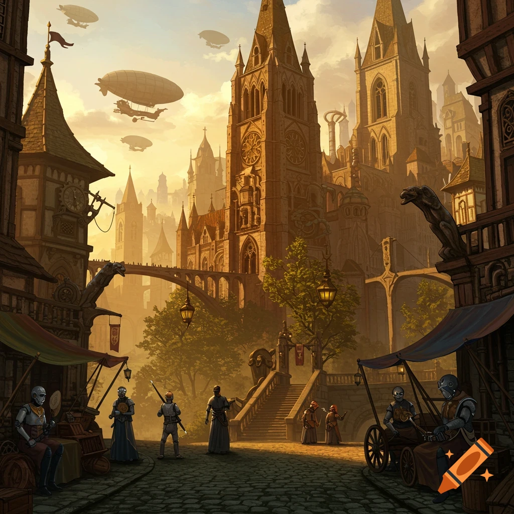 Detailed illustration of a steampunk fantasy city street with tall buildings, airships, and figures.