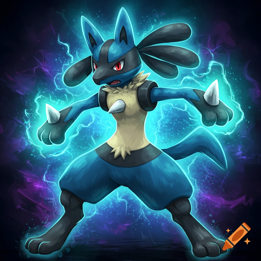 Lucario surrounded by blue and purple energy in an action pose.