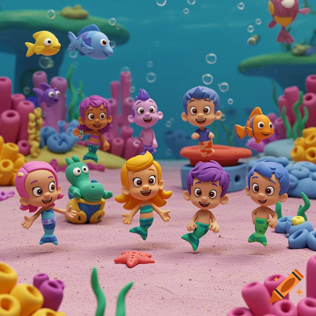An underwater claymation scene featuring several Bubble Guppy characters, fish, and coral.
