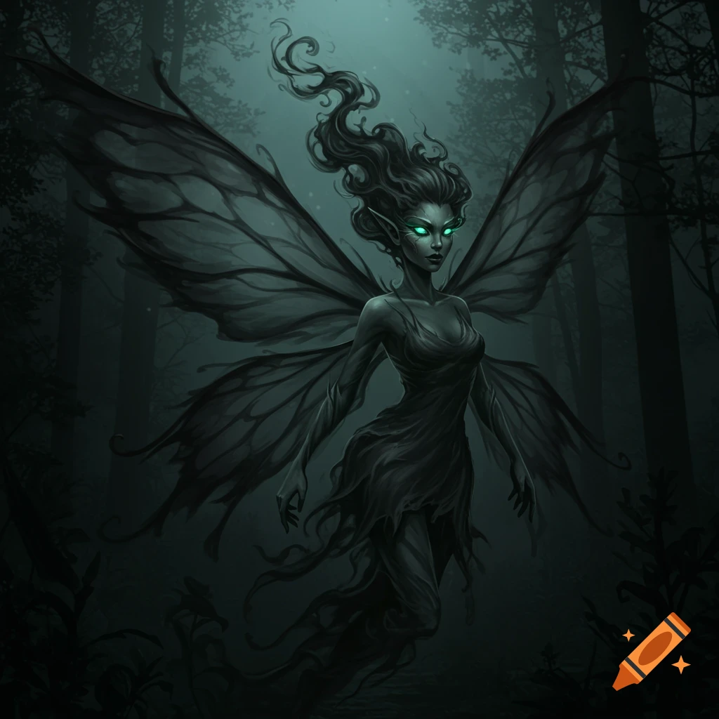Dark fantasy image of a pixie with smoke wings and glowing green eyes in a dark forest