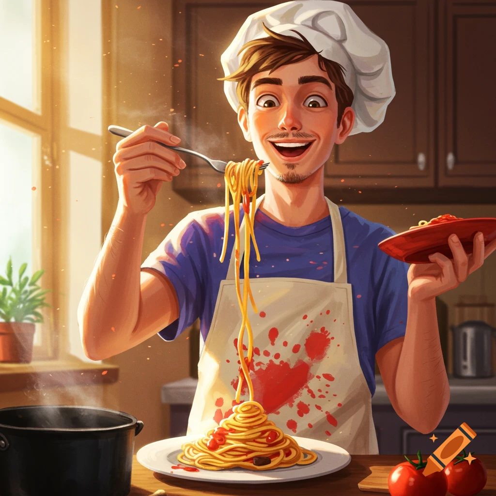 Stylized illustration of a smiling man in a chef hat holding spaghetti in a kitchen