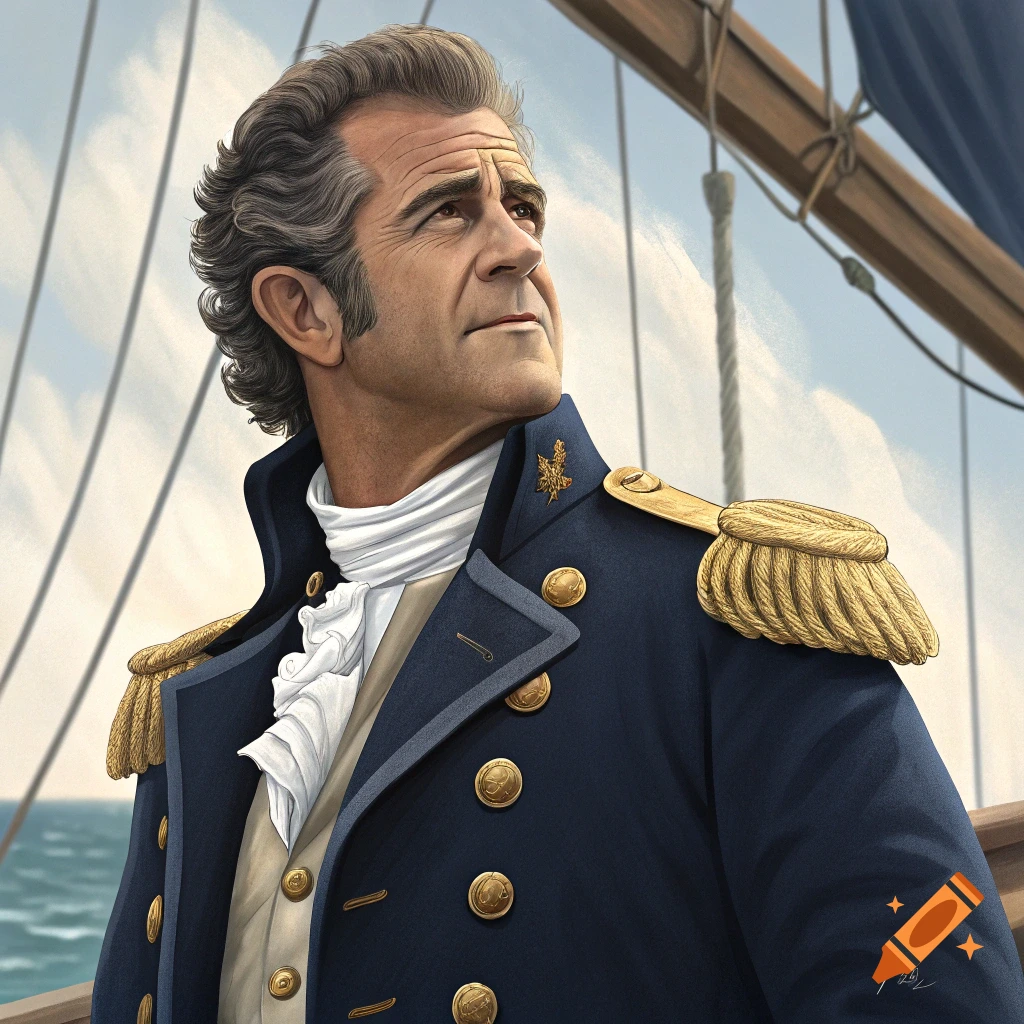 Realistic painting of a man resembling Mel Gibson in a historical navy uniform on a ship.