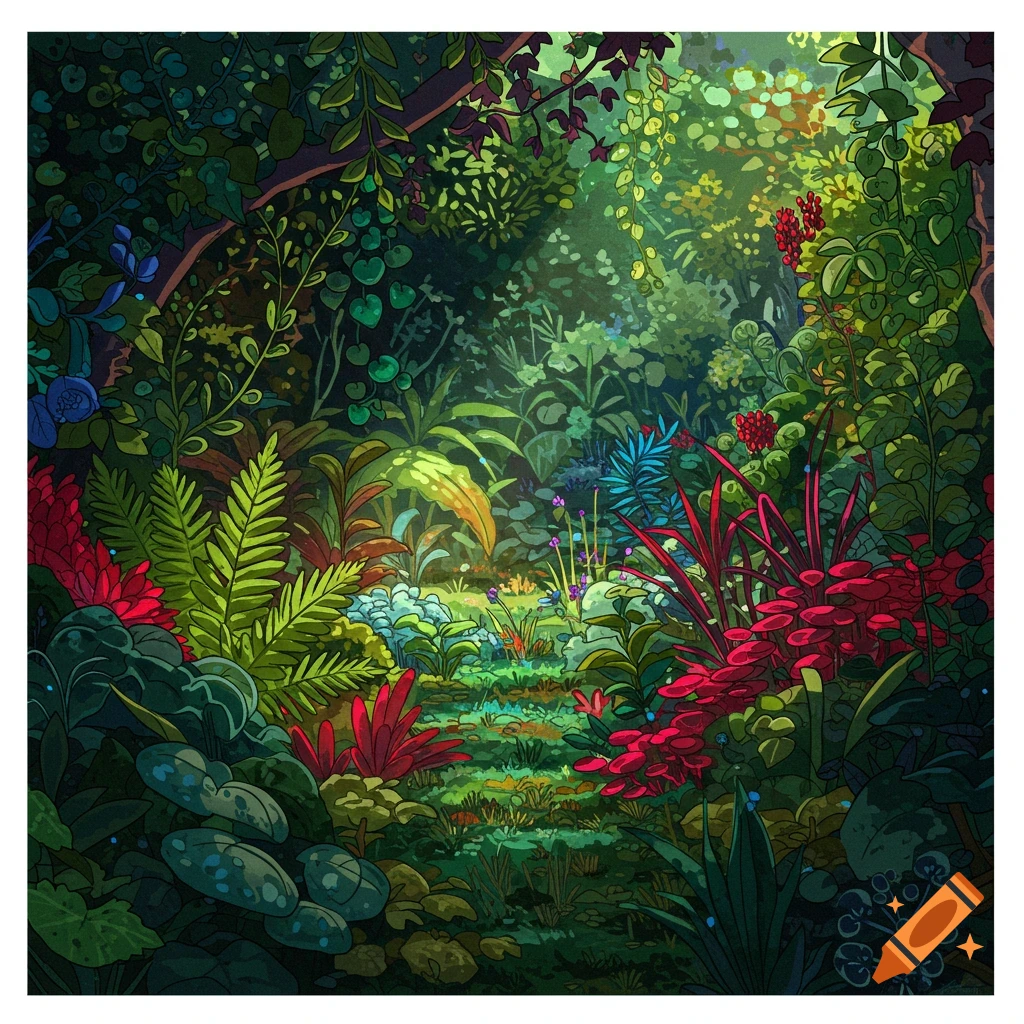 A vibrant, stylized illustration of a lush forest or jungle scene with colorful plants