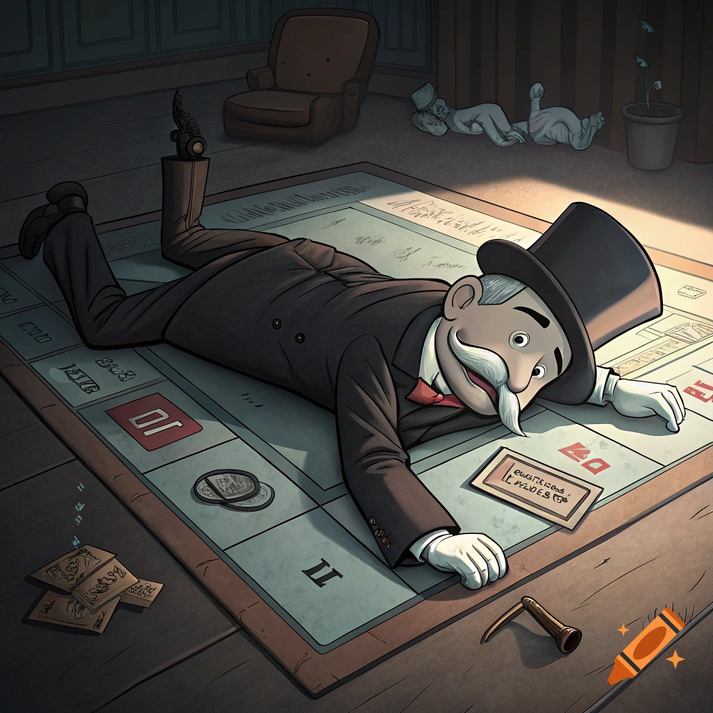 A cartoon drawing of the Monopoly Man lying face down on a Monopoly board.