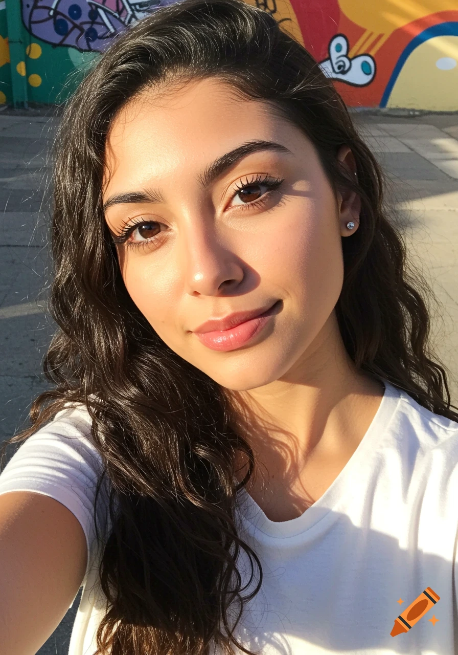 Smiling woman takes a sunlit selfie in front of a colorful mural.