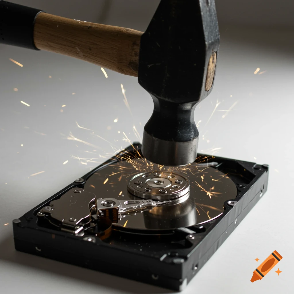 Photographic image of a hammer hitting a hard drive, causing sparks.