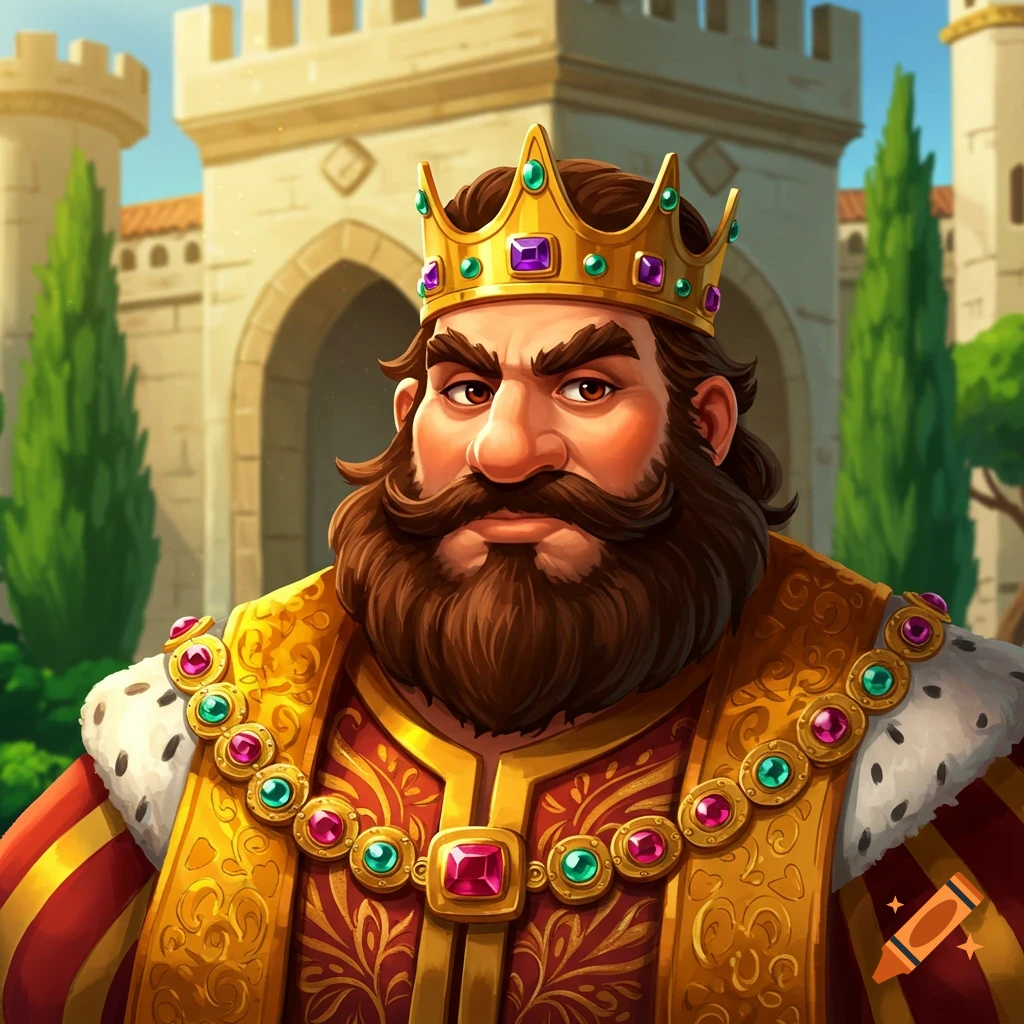 Stylized portrait of a king with a beard and crown, standing in front of a castle