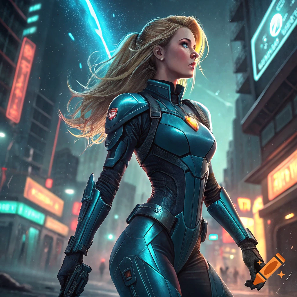 Woman in blue futuristic suit stands in a cyberpunk city street.