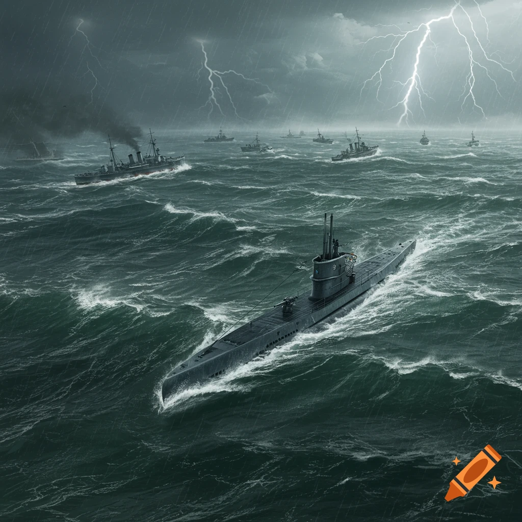 A submarine follows a convoy of ships through a stormy ocean with lightning.