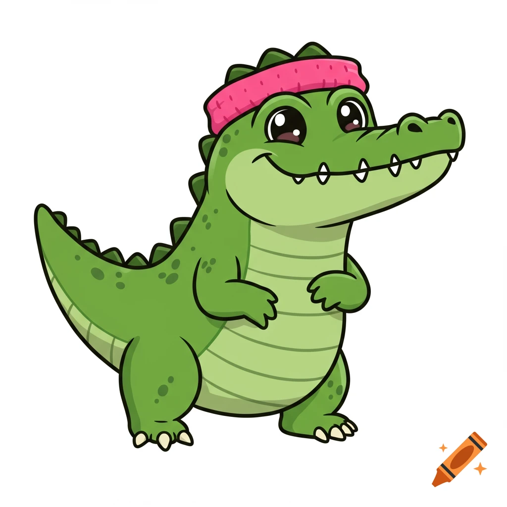 A cute cartoon crocodile wearing a pink sweatband headband.
