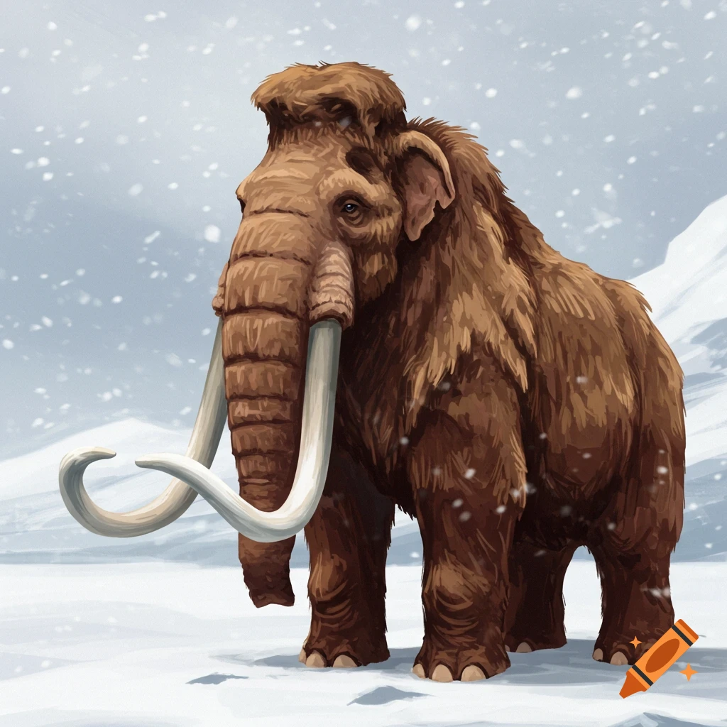 A large brown woolly mammoth stands in a snowy landscape with falling snow.