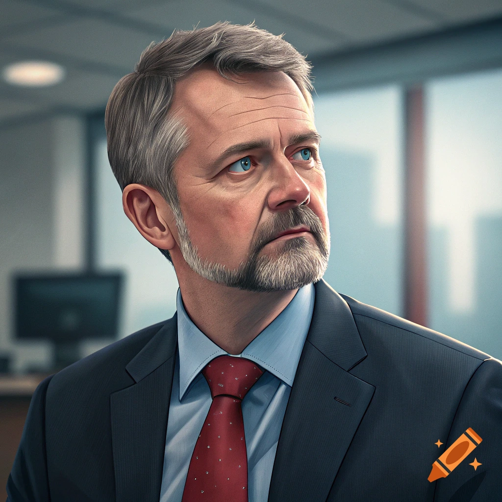 Portrait of a middle-aged man in a suit and red tie looking up in an office.