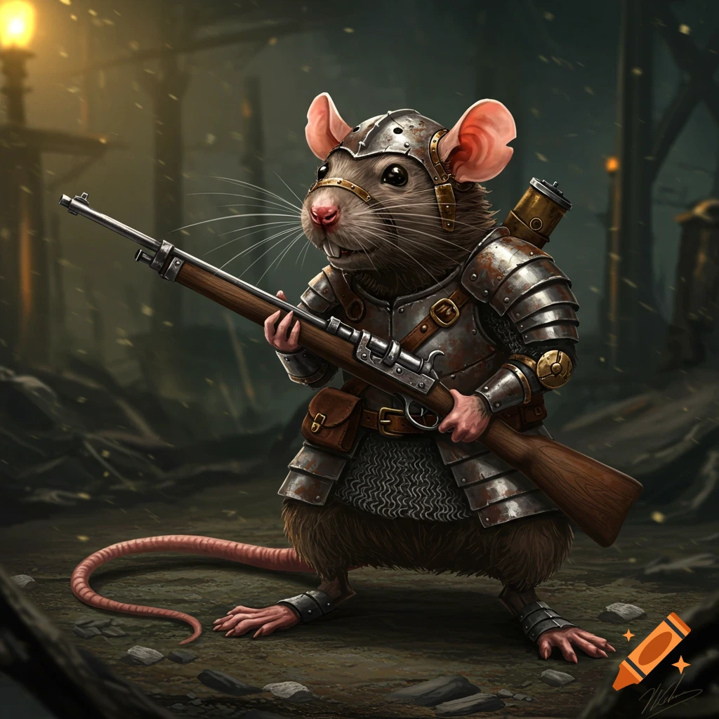 A rat in metal armor holds a rifle in a dark, detailed fantasy setting.