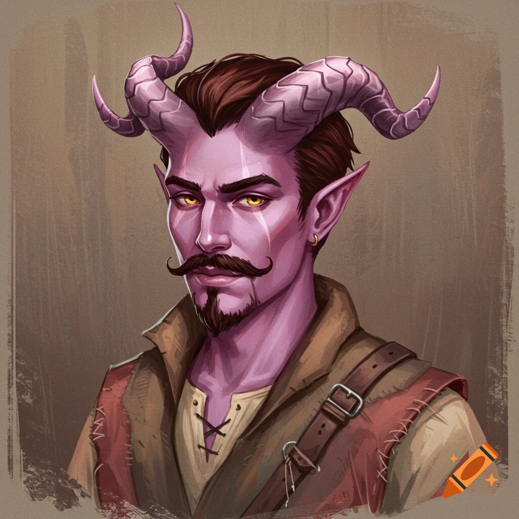 Portrait of a purple-skinned tiefling man with horns, mustache, and goatee wearing worn clothing.