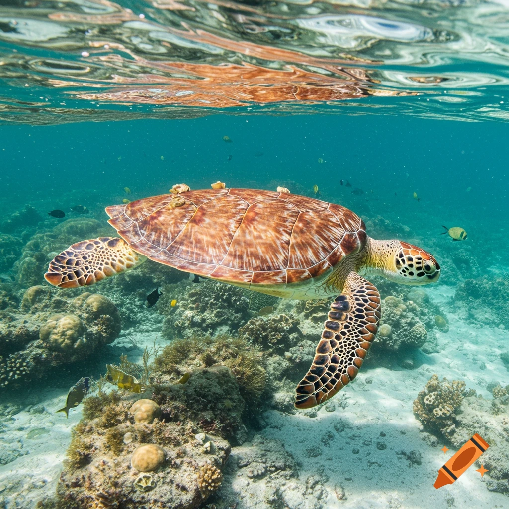 A sea turtle swims over a coral reef in clear blue water.