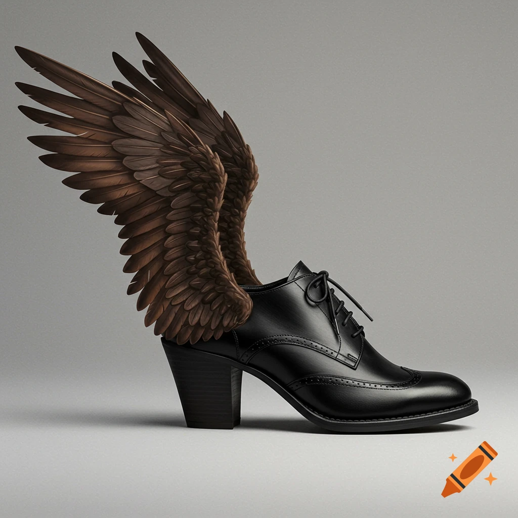 Realistic black heeled oxford shoe with large brown wings attached on a grey background.