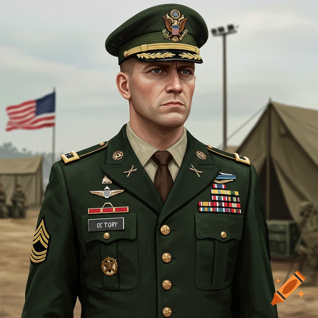 Portrait of an army officer in uniform standing in a military camp