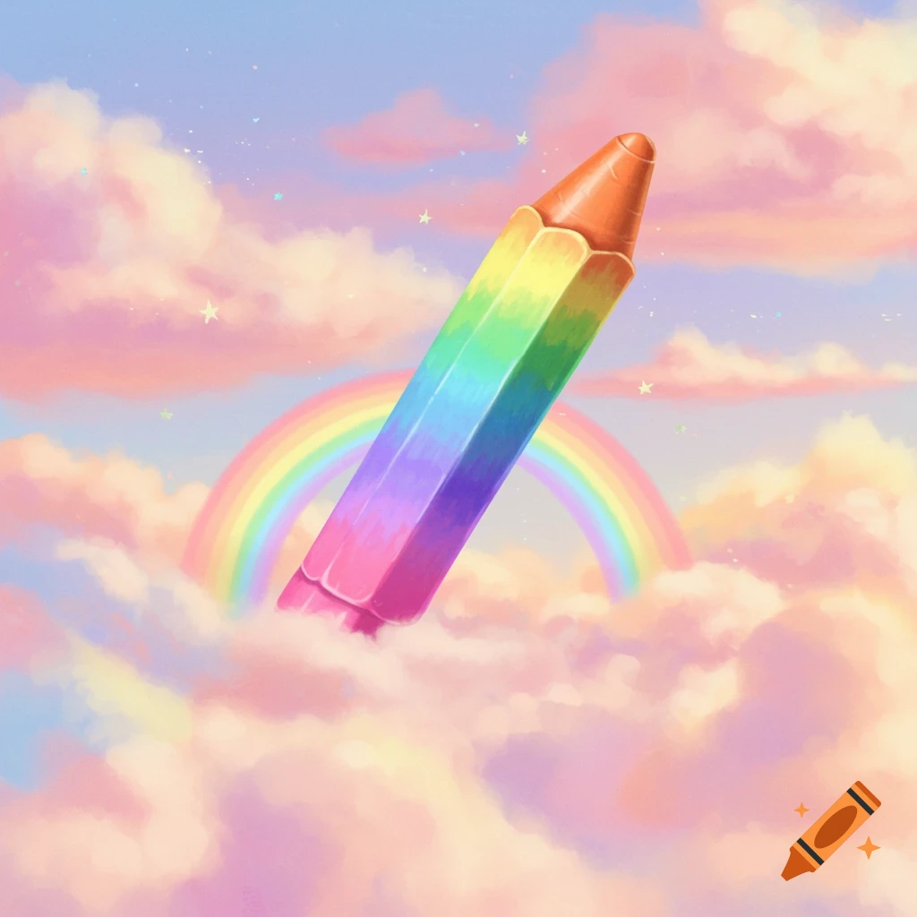 A rainbow crayon floats among pastel clouds with a rainbow in the background, illustration style.
