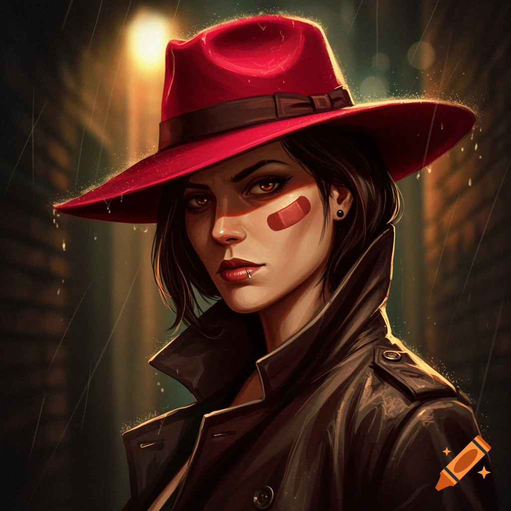 A woman in a red hat and trench coat with a patch on her face stands in the rain.