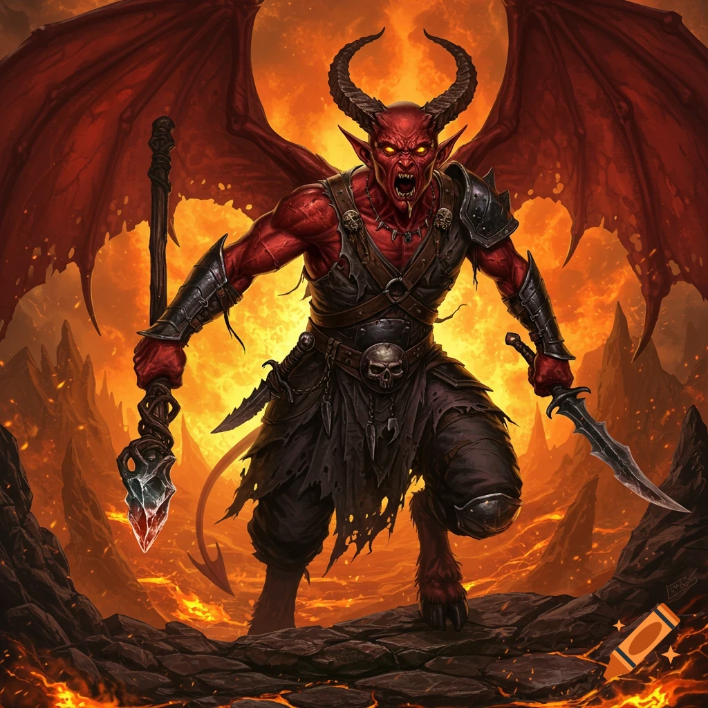 A red-skinned demon with horns and wings stands in a fiery landscape, holding a staff and a dagger.