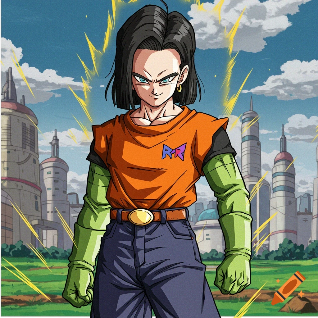 Anime illustration of Android 17 standing in a cityscape.