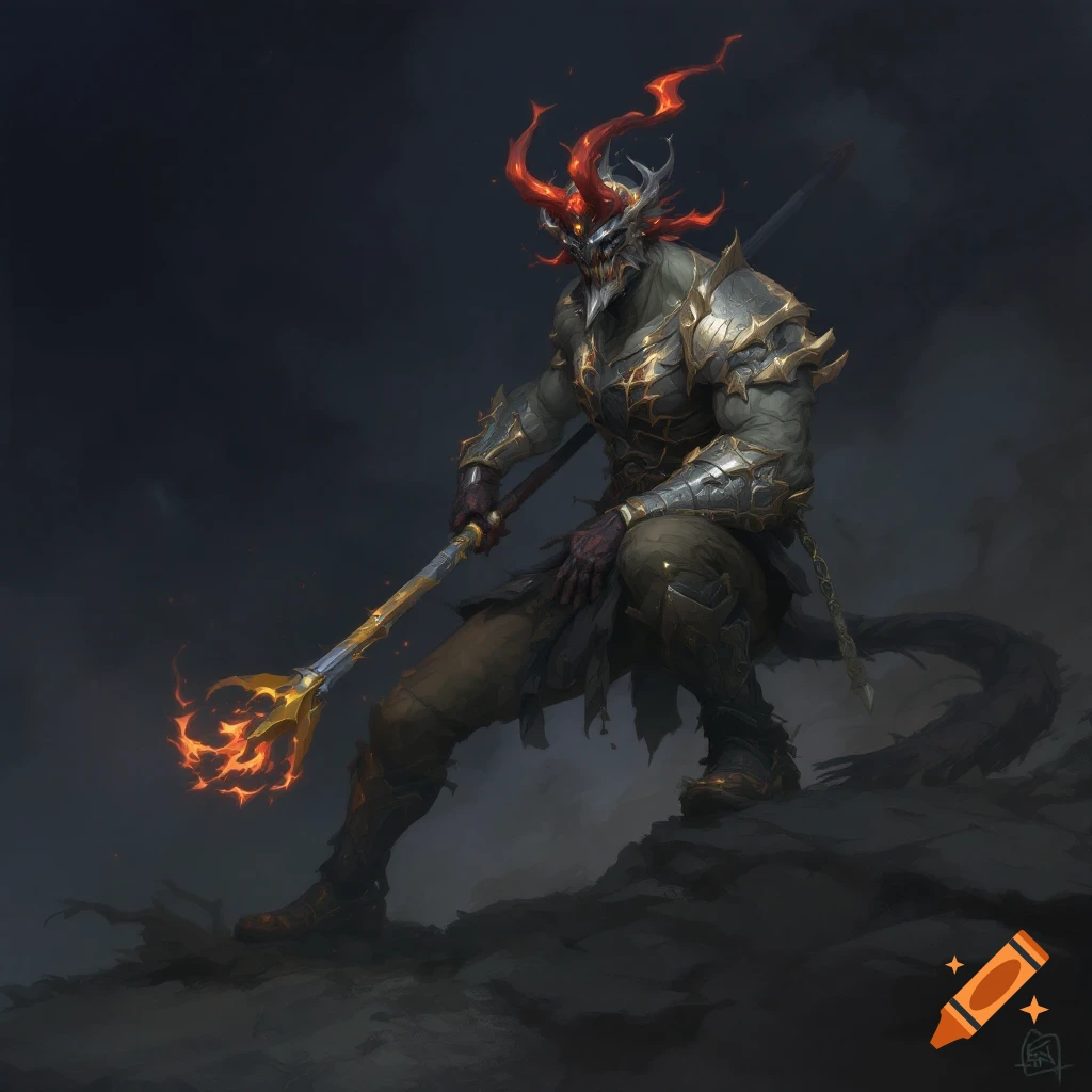 A fantasy creature in dark armor holds a staff tipped with fire in a misty environment.
