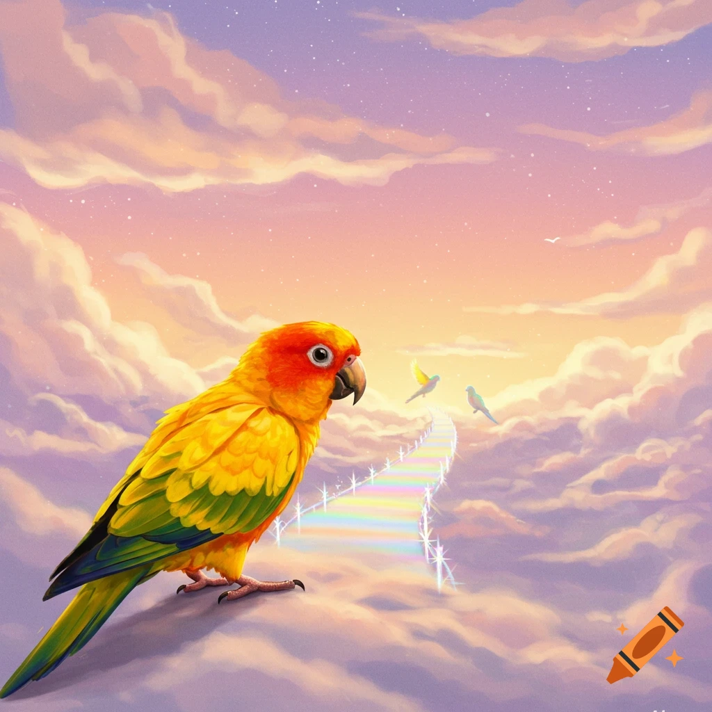 A sun conure stands on a sparkling rainbow bridge leading into colorful clouds and a starry sky, with other birds in the distance.