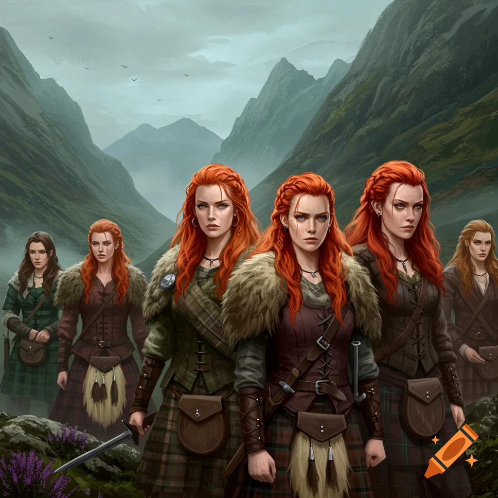 Several women with red hair and kilts stand in a mountainous landscape, fantasy art.