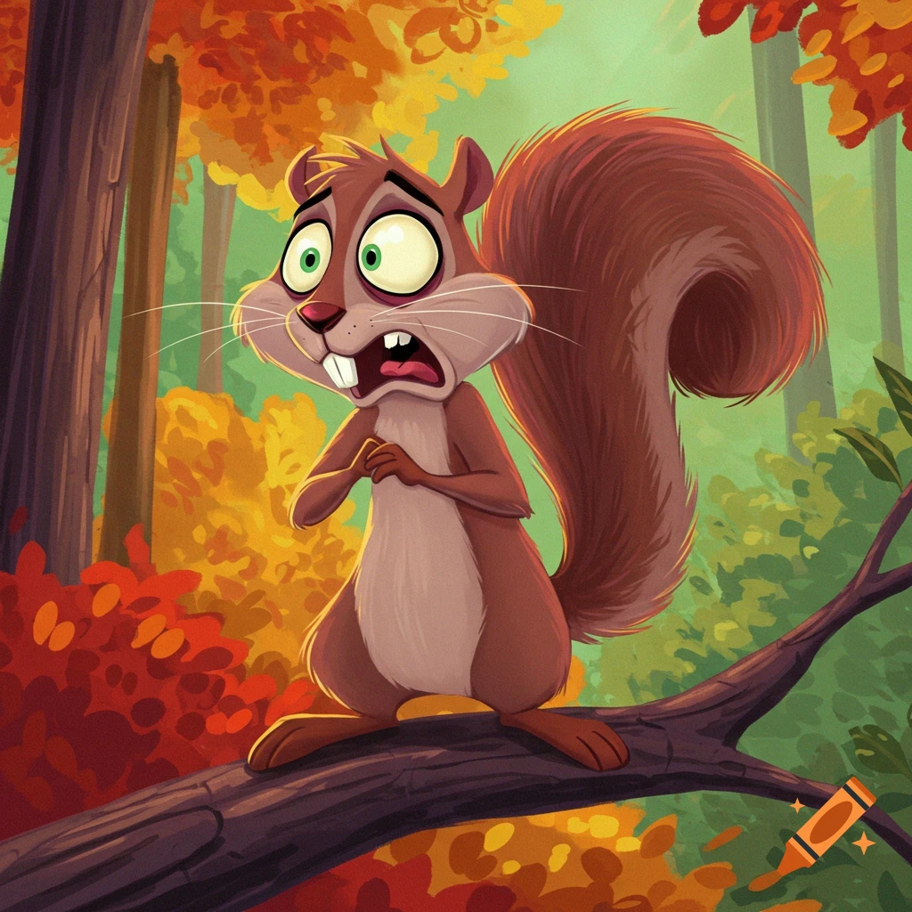 Cartoon squirrel looking scared on a tree branch in an autumn forest.