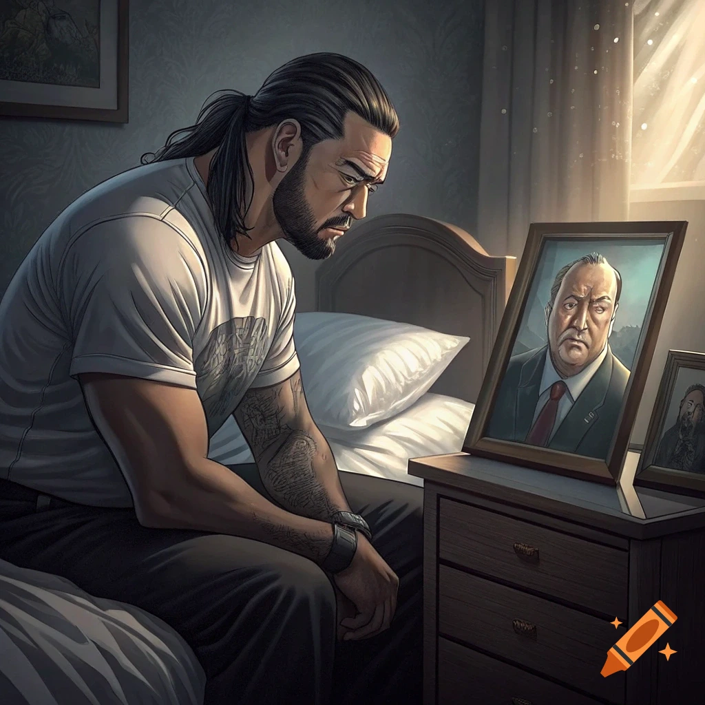 An illustration in anime style shows a man sitting on a bed looking at a framed photo of another man.
