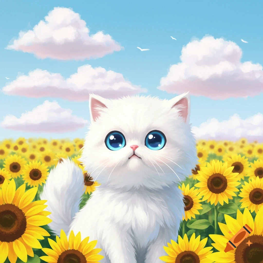 A cute white cartoon cat sits in a field of bright yellow sunflowers under a blue sky with clouds.