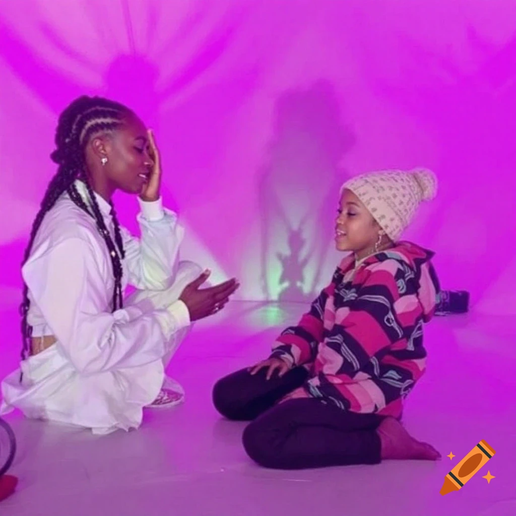 Two people sit on a floor in a bright pink room with green shadows.