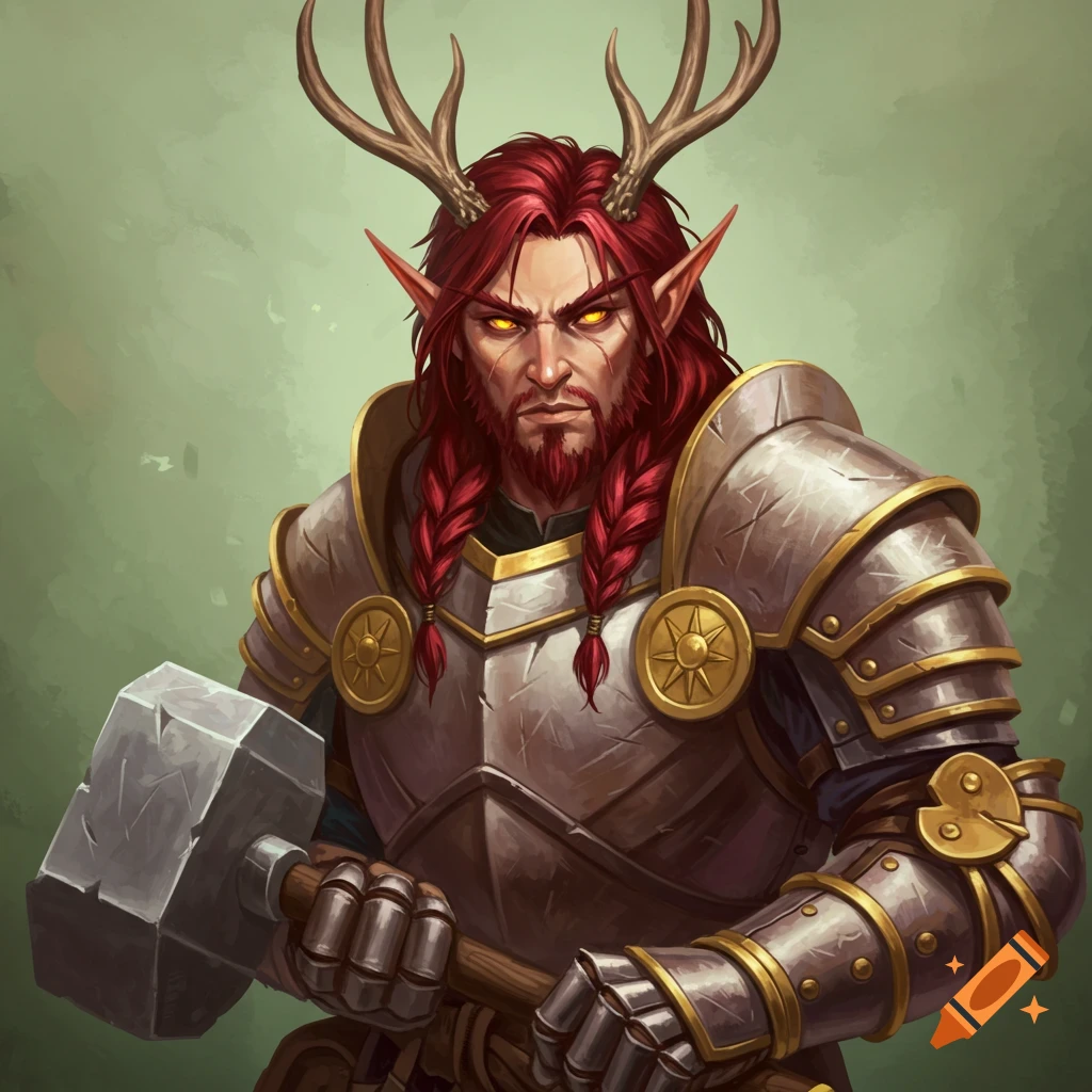 Fantasy portrait of a male elf cleric with antlers, red hair, scars, armor, and a war hammer.