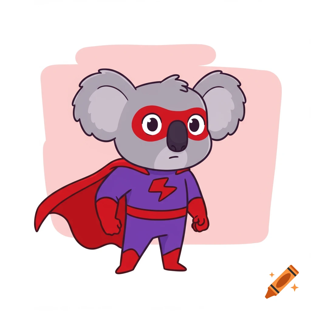 A cartoon koala wearing a purple and red superhero costume with a cape and mask.