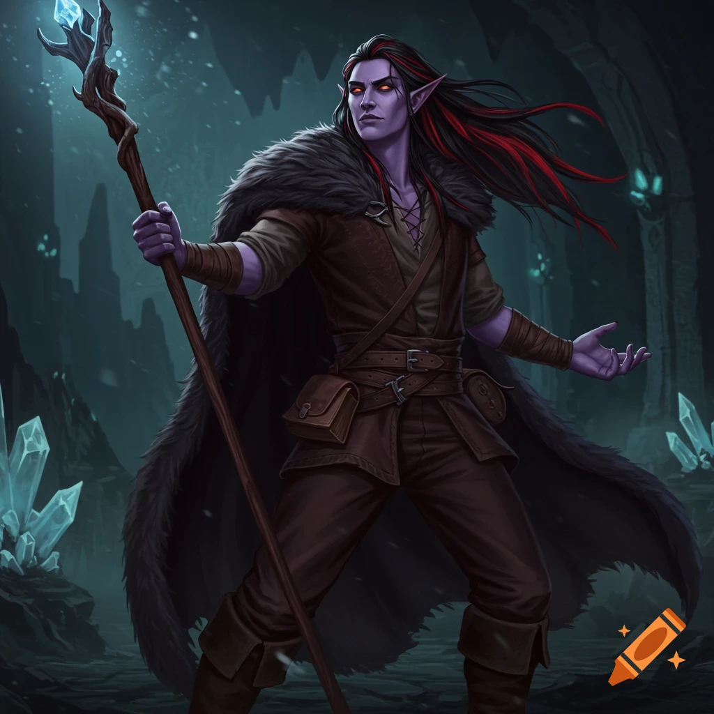 A lilac-skinned drow elf wizard with black hair streaked with red, holding a quarter staff in a cave.