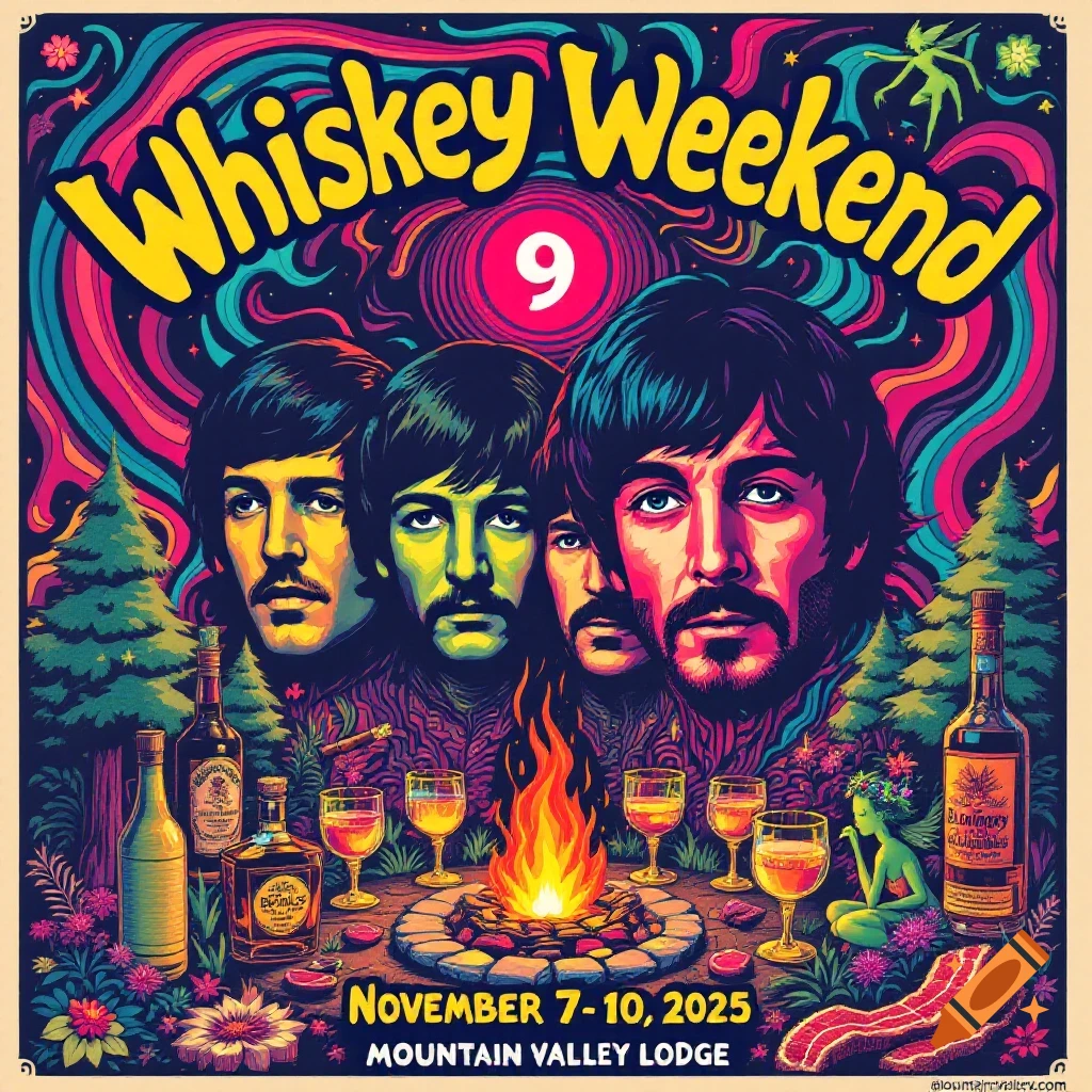 Psychedelic poster with stylized portraits resembling The Beatles, text 'Whiskey Weekend 9', campfire, whiskey bottles, and dates.