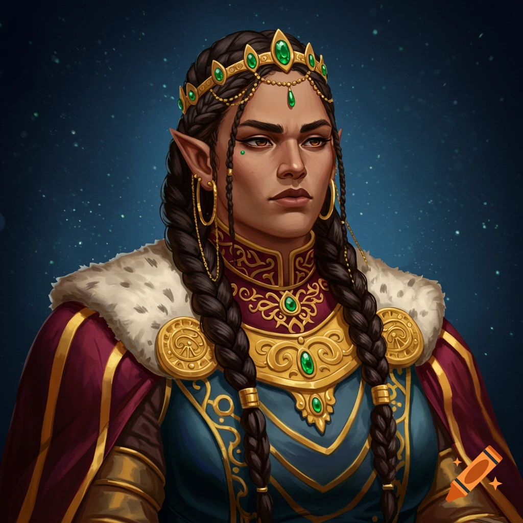 A detailed portrait of a fantasy character with braided hair, a crown, and royal clothing against a starry background.