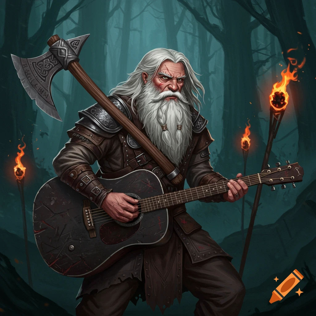 An old man with a long beard and battle axe plays a guitar in a dark forest with torches.