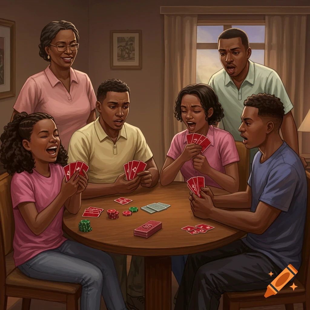 An illustration of a Black family playing cards; one son is upset while his sister laughs.